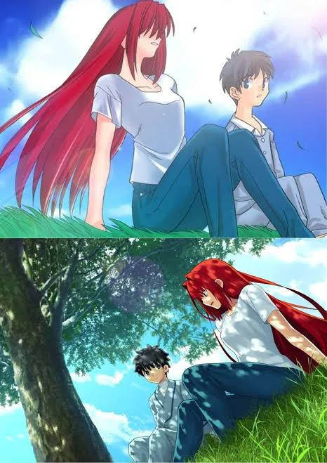 Side by side comparison of an opening scene in Tsukihime (2000) and its 2021 remake